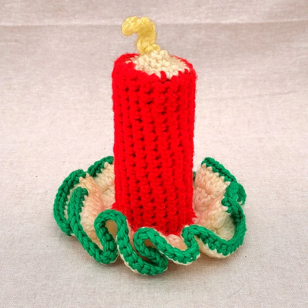Vtg Red Green Hand Crocheted Christmas Candle on Toilet Paper Roll Granny Core